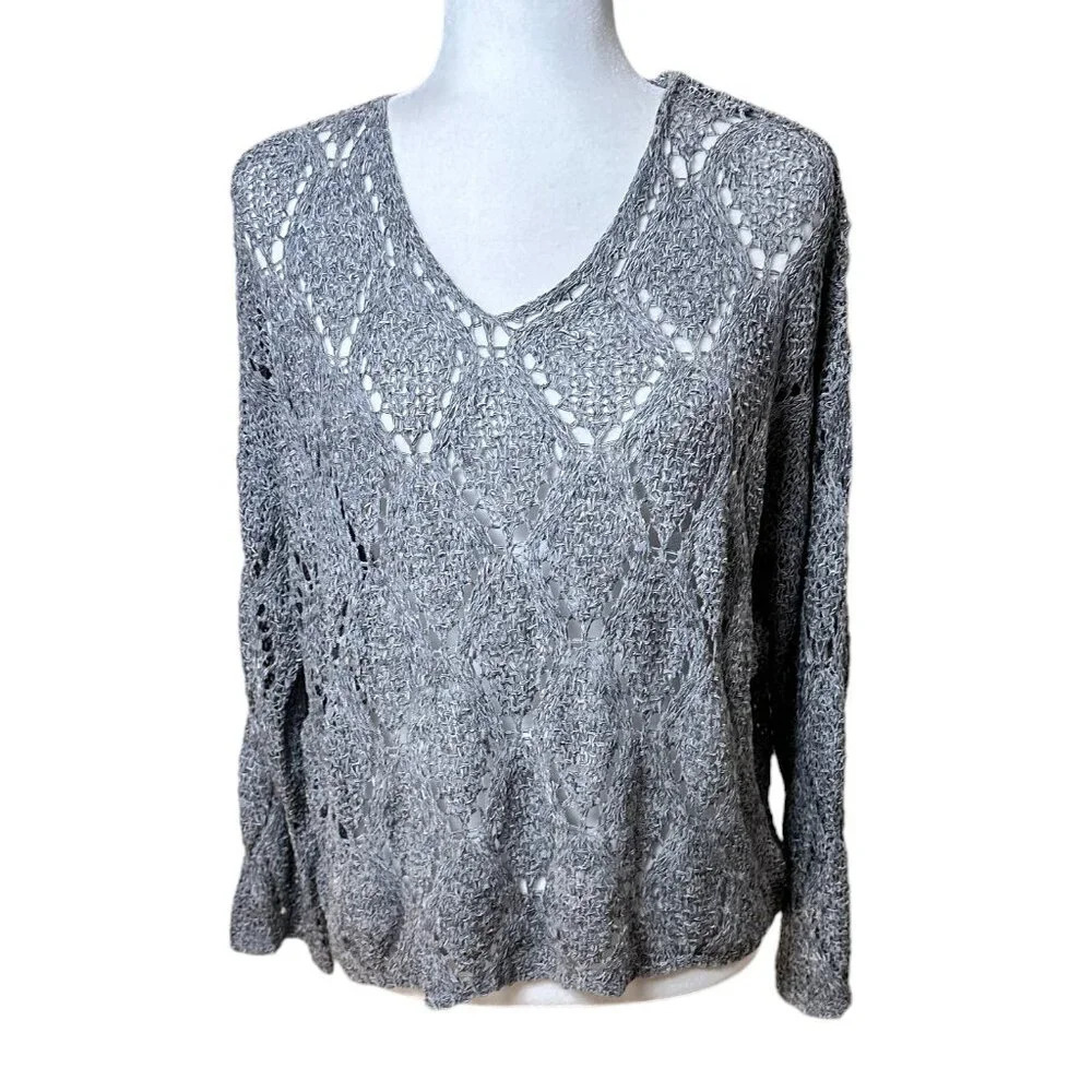 NWT VERTE Boutique Open Weave Crochet Grey Knit Sweater - S/M